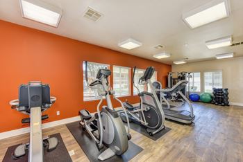 Fitness Center with Orange Walls, Ellipticals, Treadmills, Yoga Balls and Hardwood Inspired Floors at Renaissance Park Apartments, California, 95618